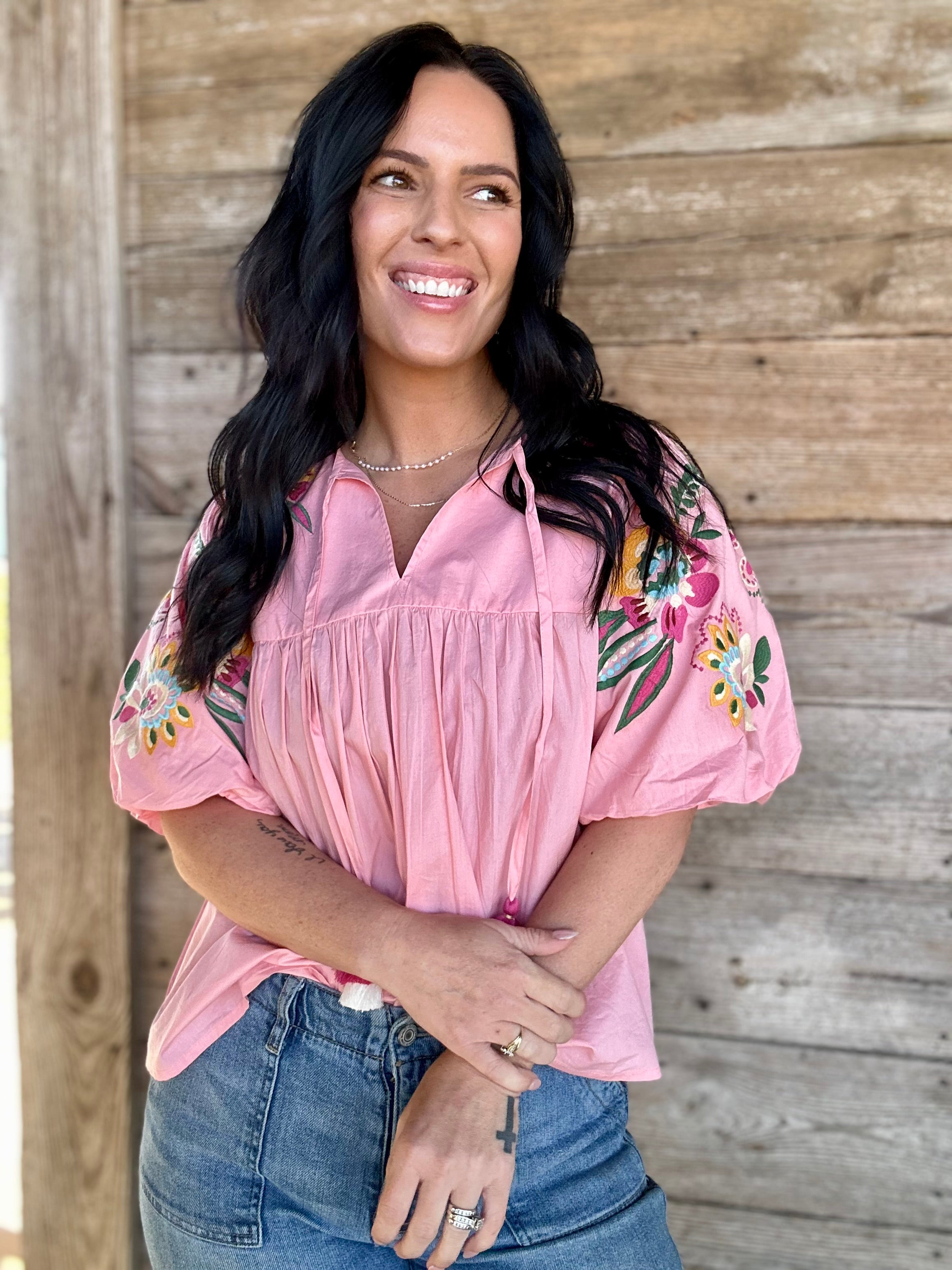 トップス Bluelea puff sleeve blouse Light pink Embroidered Pink Puff Sleeve Blouse – Hamman Farm and Ranch